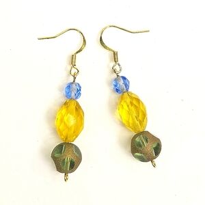 Bule, Yellow, Green Glass Beaded Earrings